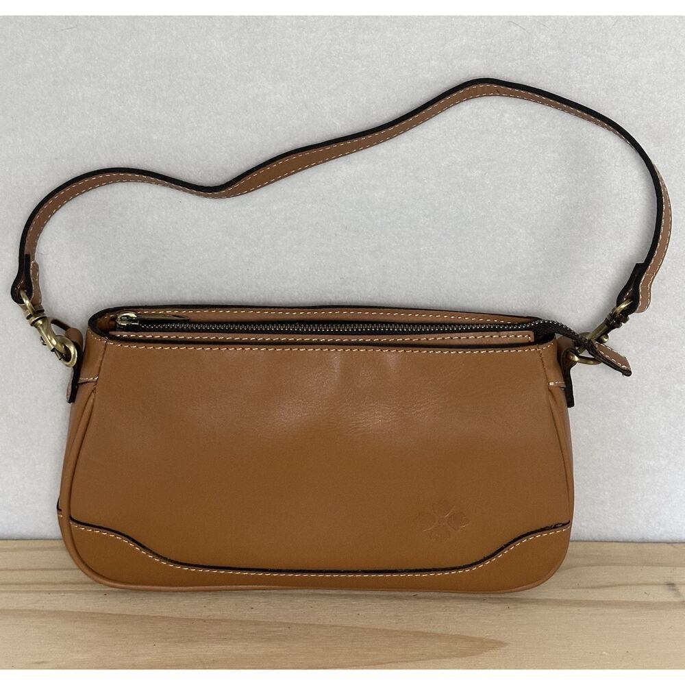 Patricia Nash Tan Leather Shoulder Bag Embossed Logo Contrast Stitching